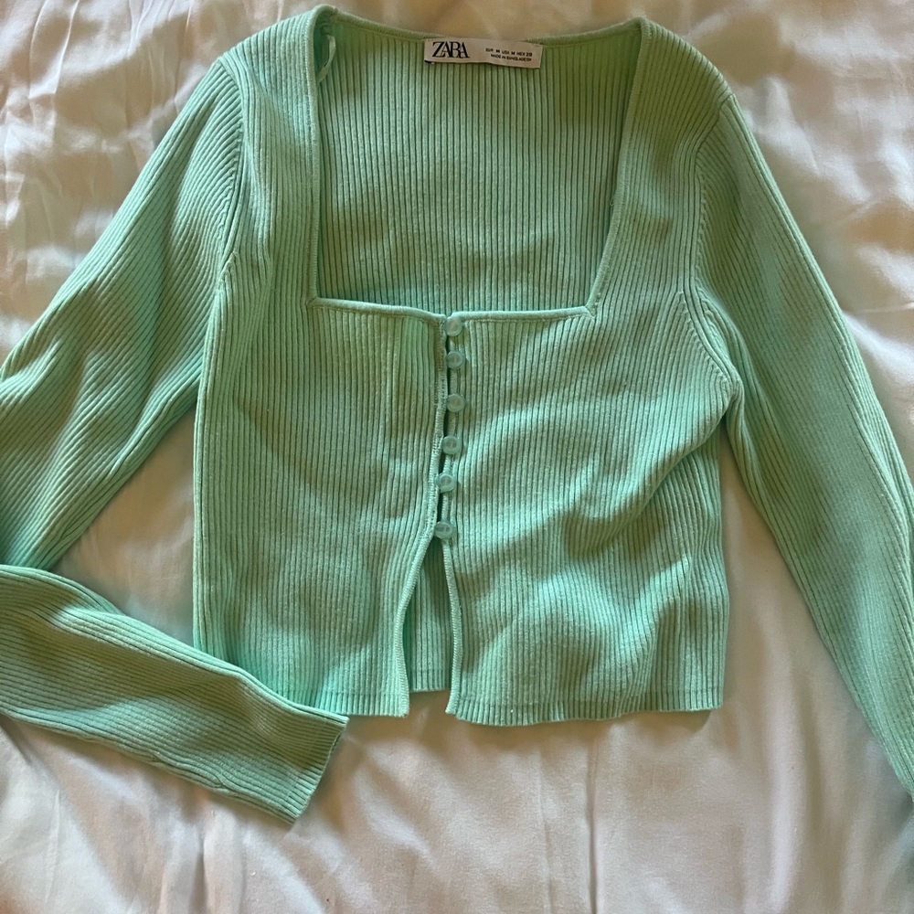 Zara Light mint Green Ribbed Knit crop Top